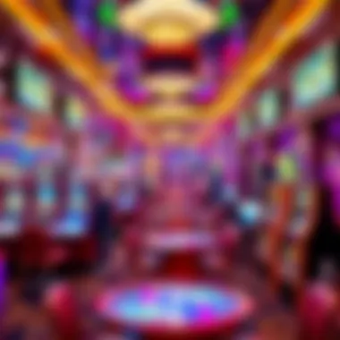 Interior gaming area filled with vibrant lights and gaming tables