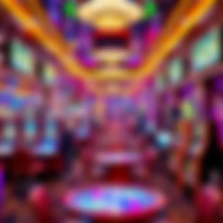 Interior gaming area filled with vibrant lights and gaming tables