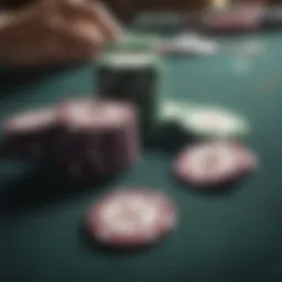 A close-up view of poker chips and cards laid out on a table