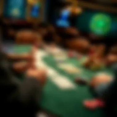 A detailed view of a poker table with cards and chips arranged strategically