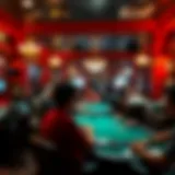 Interior view of a bustling card room with players engaged in various games