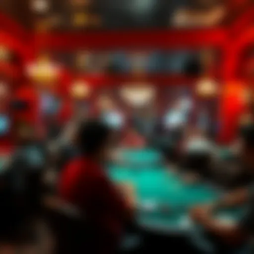 Interior view of a bustling card room with players engaged in various games