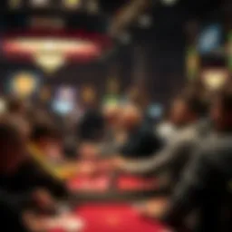 A bustling poker tournament setting with players focused at their tables