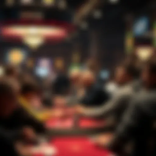 A bustling poker tournament setting with players focused at their tables