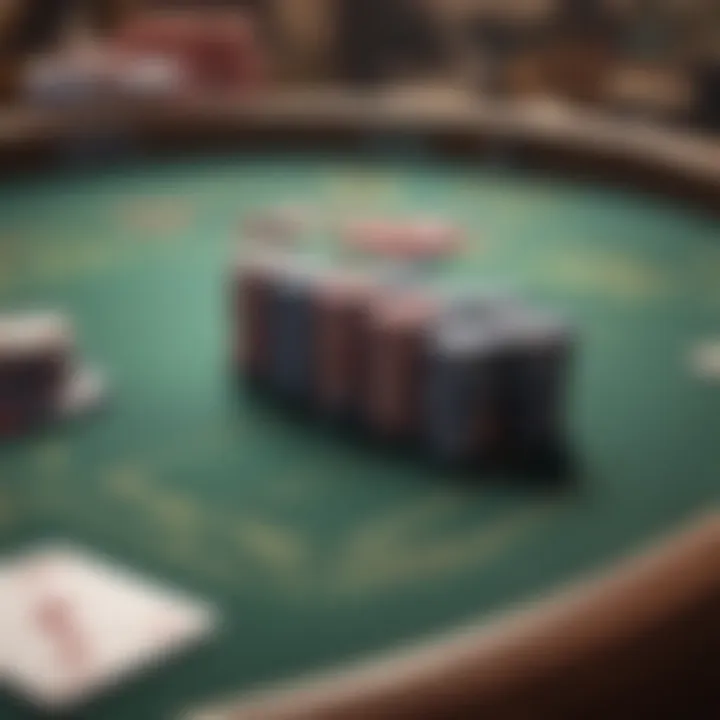 A close-up view of a Texas Hold'em poker table with chips and cards