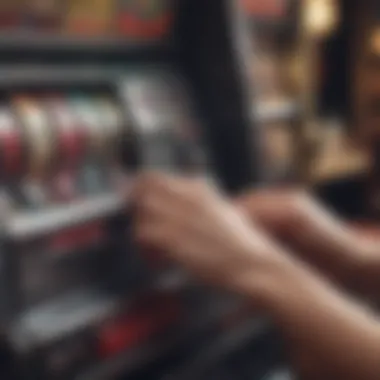 A close-up of a player's hand engaging with a slot machine lever