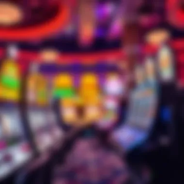 A vibrant casino-themed background featuring various slot machines