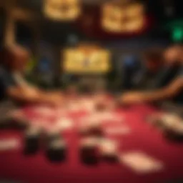 An intricate poker table setup with chips and cards