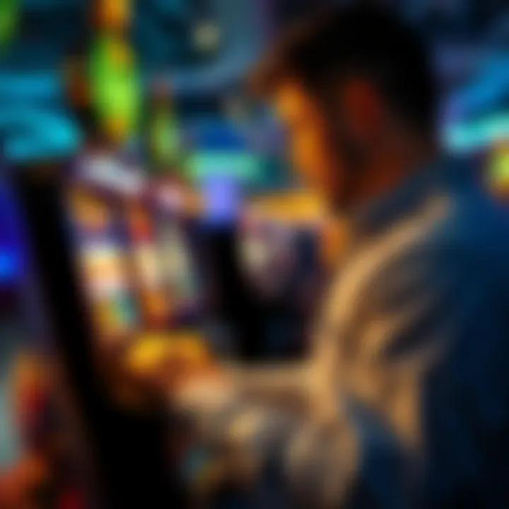 A dynamic representation of a player engaging with a Konami slot machine, illustrating the thrill of gameplay