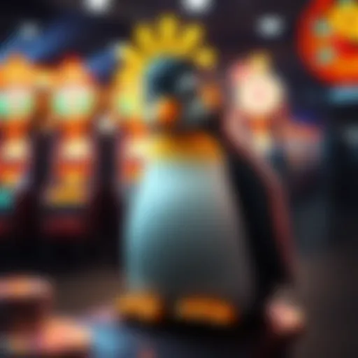 Artistic depiction of the Lucky Penny Penguin slot machine in action