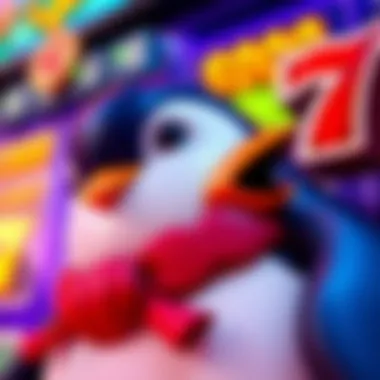 Thematic Elements of Lucky Penny Penguin Close-up of the vibrant themed design elements of the slot machine