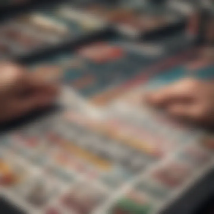 A focused individual selecting the best scratch-off lottery ticket from a display