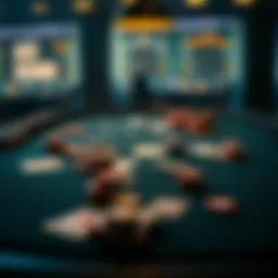 A strategic poker table with chips and cards laid out.