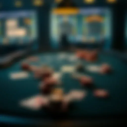 A strategic poker table with chips and cards laid out.