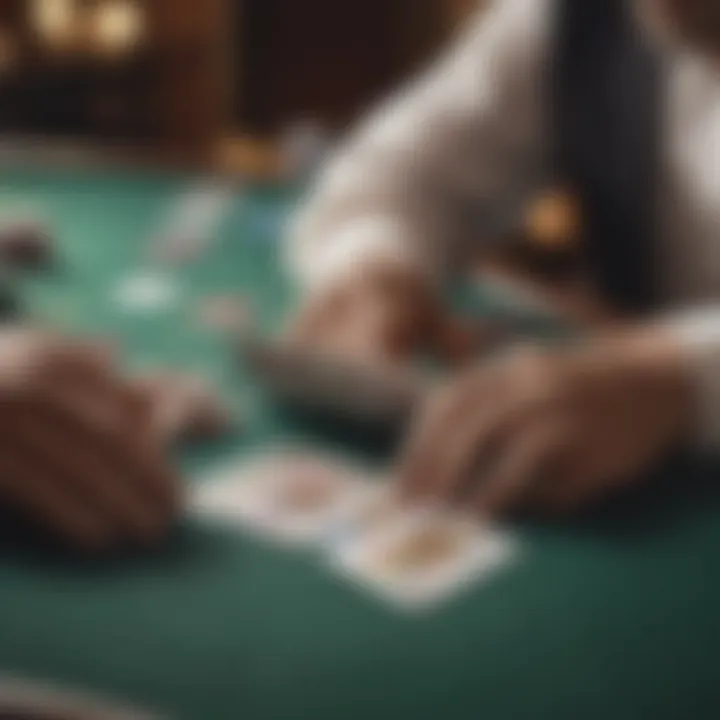 Close-up of croupier handling cards at a blackjack table