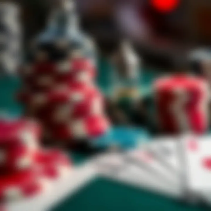 A close-up of poker chips and cards set for a game
