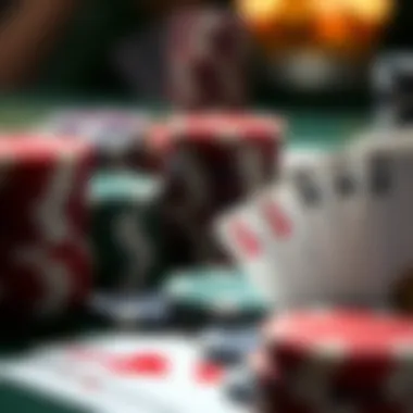 A close-up of poker chips and cards representing strategic betting